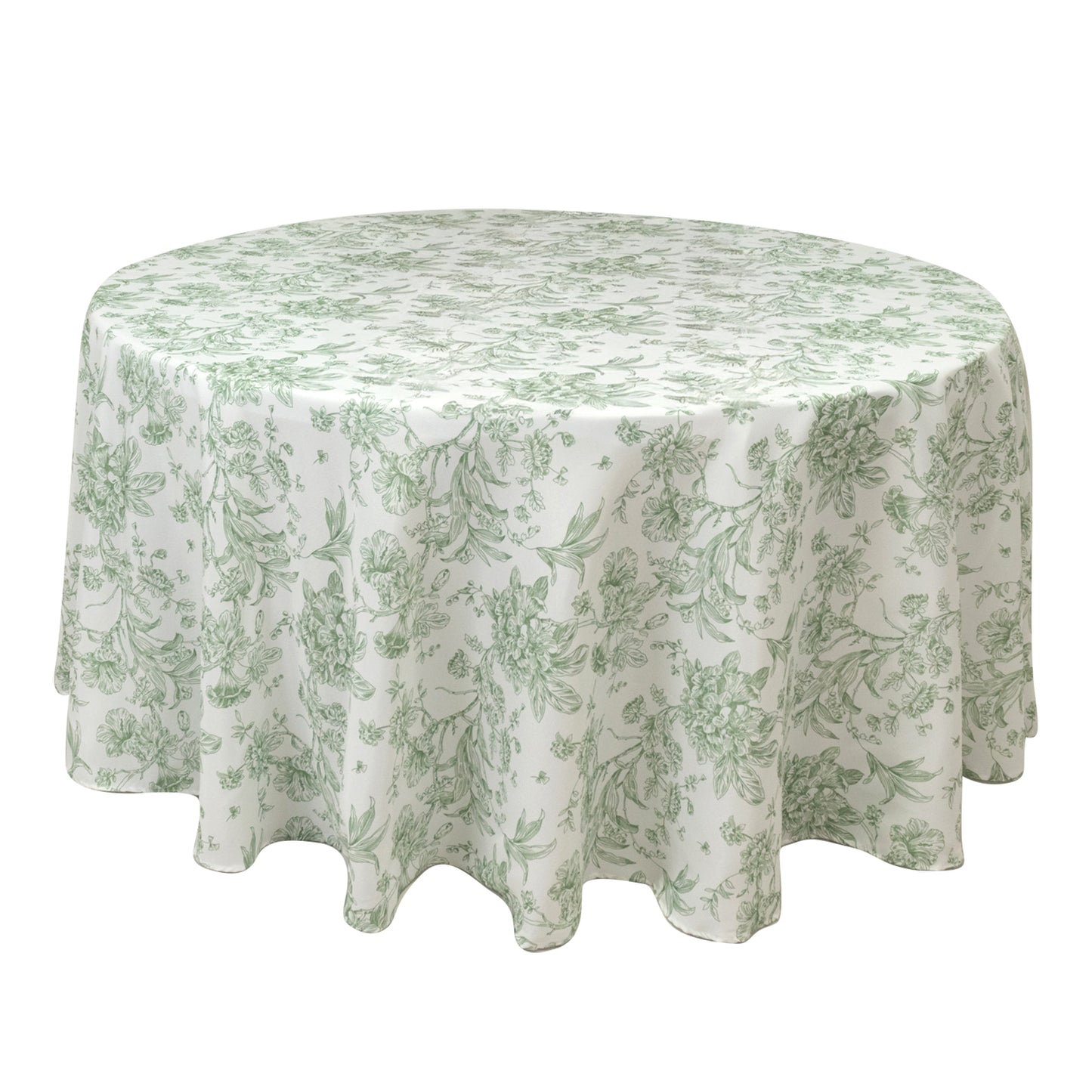 Polyester 120" Round Tablecloth White - Dusty Sage Green French Toile Pattern for Chic Weddings