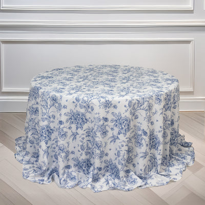 Polyester Round Tablecloth 132" White with Blue French Toile Pattern Polyester Round Tablecloth 132" White with Blue French Toile Pattern
