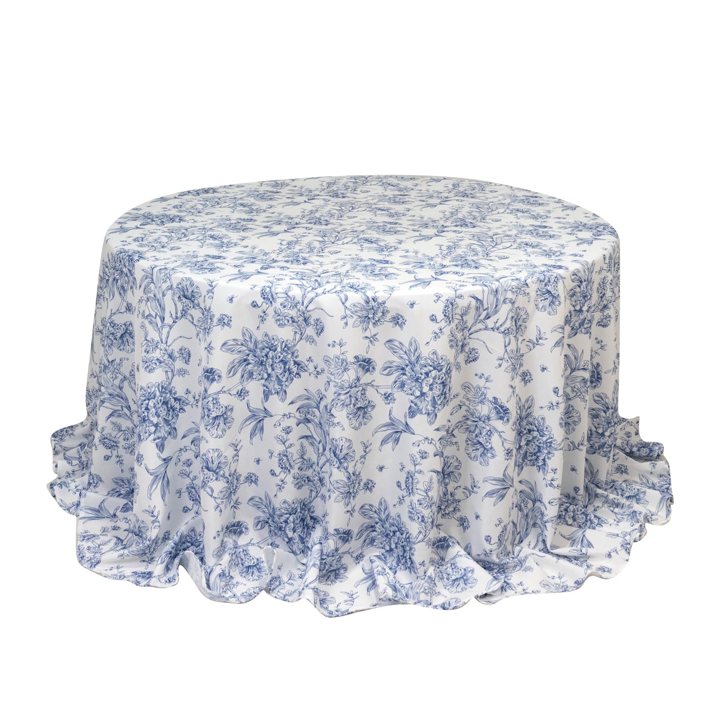 Polyester 132" Round Tablecloth White - Blue French Toile Pattern for Chic Weddings