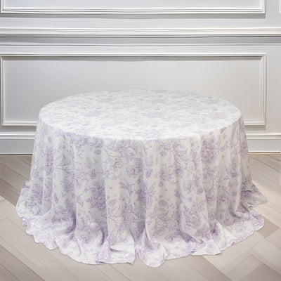 Polyester Round Tablecloth 132" White with Lavender Lilac French Toile Pattern Polyester Round Tablecloth 132" White with Lavender Lilac French Toile Pattern