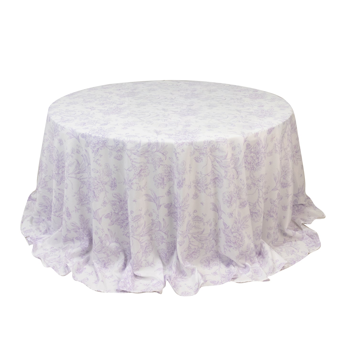 Polyester 132" Round Tablecloth White - Lavender Lilac French Toile Pattern for Chic Weddings