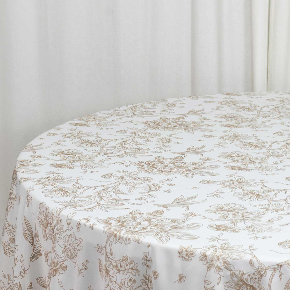 Polyester 132" Round Tablecloth White - Taupe French Toile Pattern for Chic Weddings