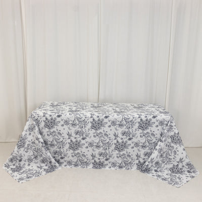 Premium White Polyester Tablecloth with Black French Toile Pattern (90"x132") Premium White Polyester Tablecloth with Black French Toile Pattern (90"x132")