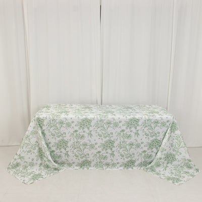 Premium White Polyester Tablecloth with Dusty Sage Green French Toile Pattern (90"x132") Premium White Polyester Tablecloth with Dusty Sage Green French Toile Pattern (90"x132")