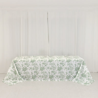 Premium White Polyester Tablecloth with Dusty Sage Green French Toile Pattern Premium White Polyester Tablecloth with Dusty Sage Green French Toile Pattern