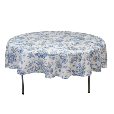 Polyester Round Tablecloth 90" White with Blue French Toile Pattern Polyester Round Tablecloth 90" White with Blue French Toile Pattern