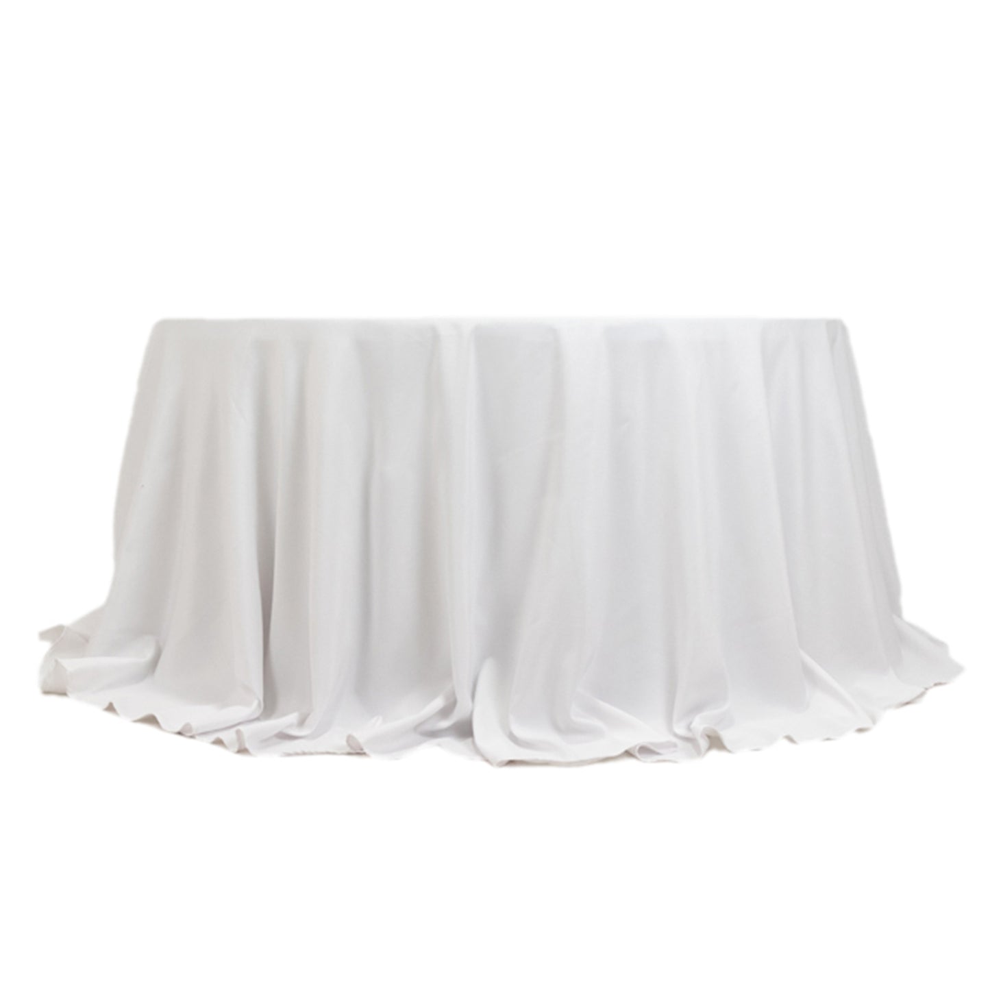 132" Fire Retardant White Tablecloth Seamless Premium Polyester Round Table Cover for 6 Foot Tables With Floor-Length Drop