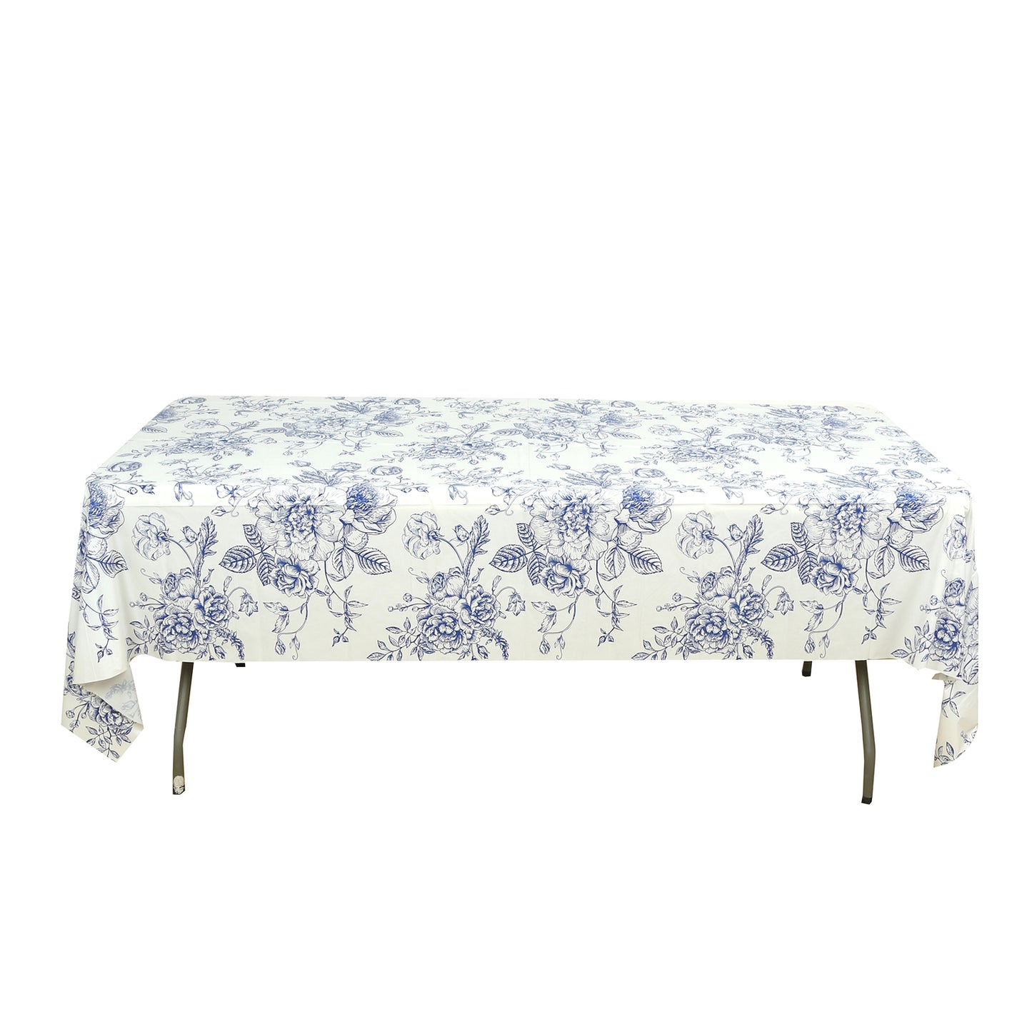 5-Pack Rectangular Plastic Tablecloths – White with Blue French Toile Pattern, PVC Waterproof Disposable Table Covers 54"x108"