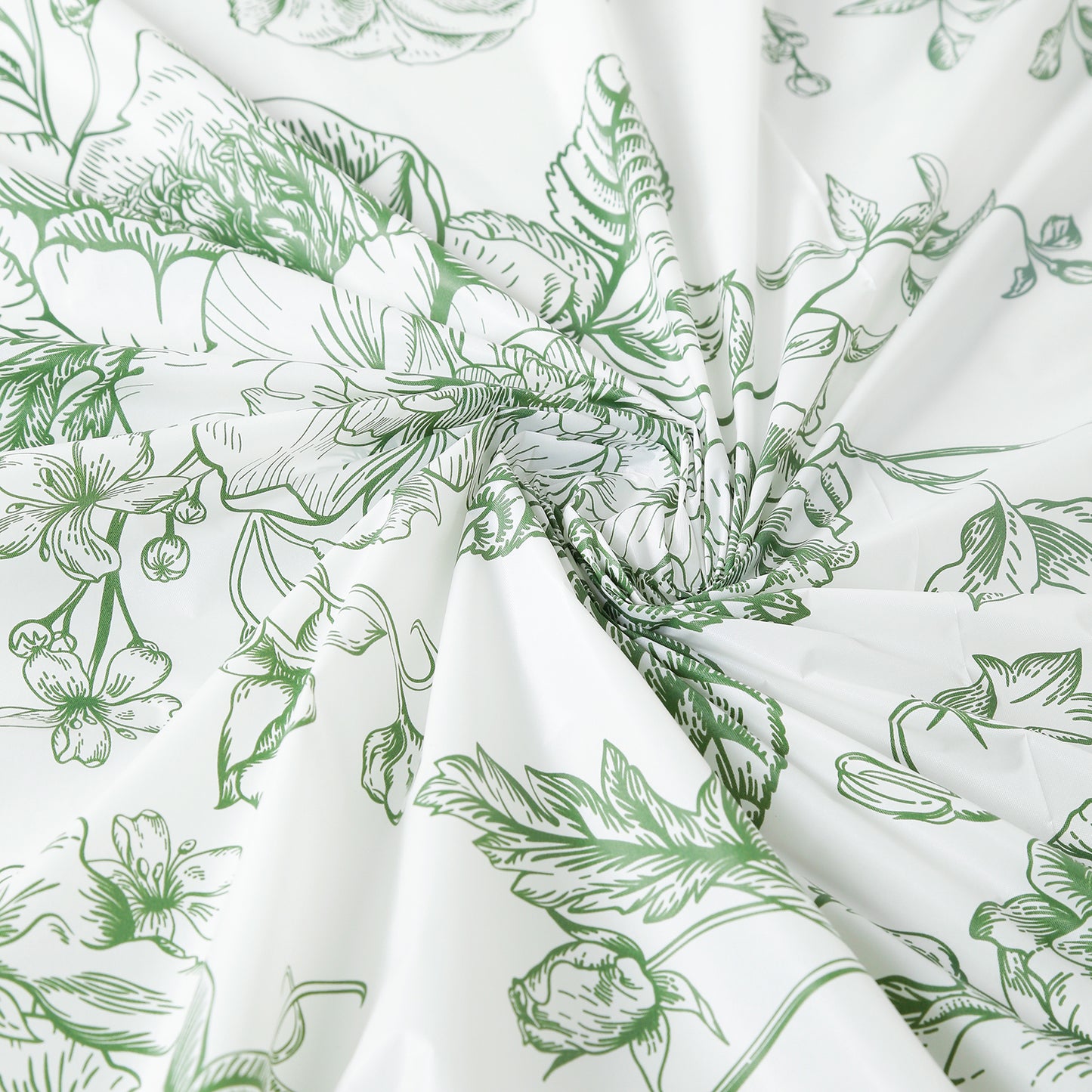 White and sage green French toile patterned tablecloth.
