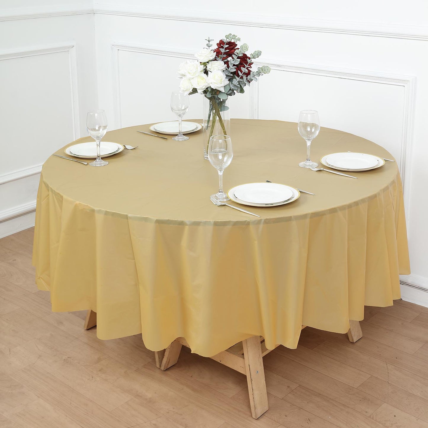 5 Pack Gold Round Plastic Table Covers, 84" PVC Waterproof Disposable Tablecloths