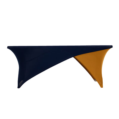 Sophisticated Style with Stretch: Navy blue Gold Cross Over Stretch Spandex Table Cover Sophisticated Style with Stretch: Navy blue Gold Cross Over Stretch Spandex Table Cover