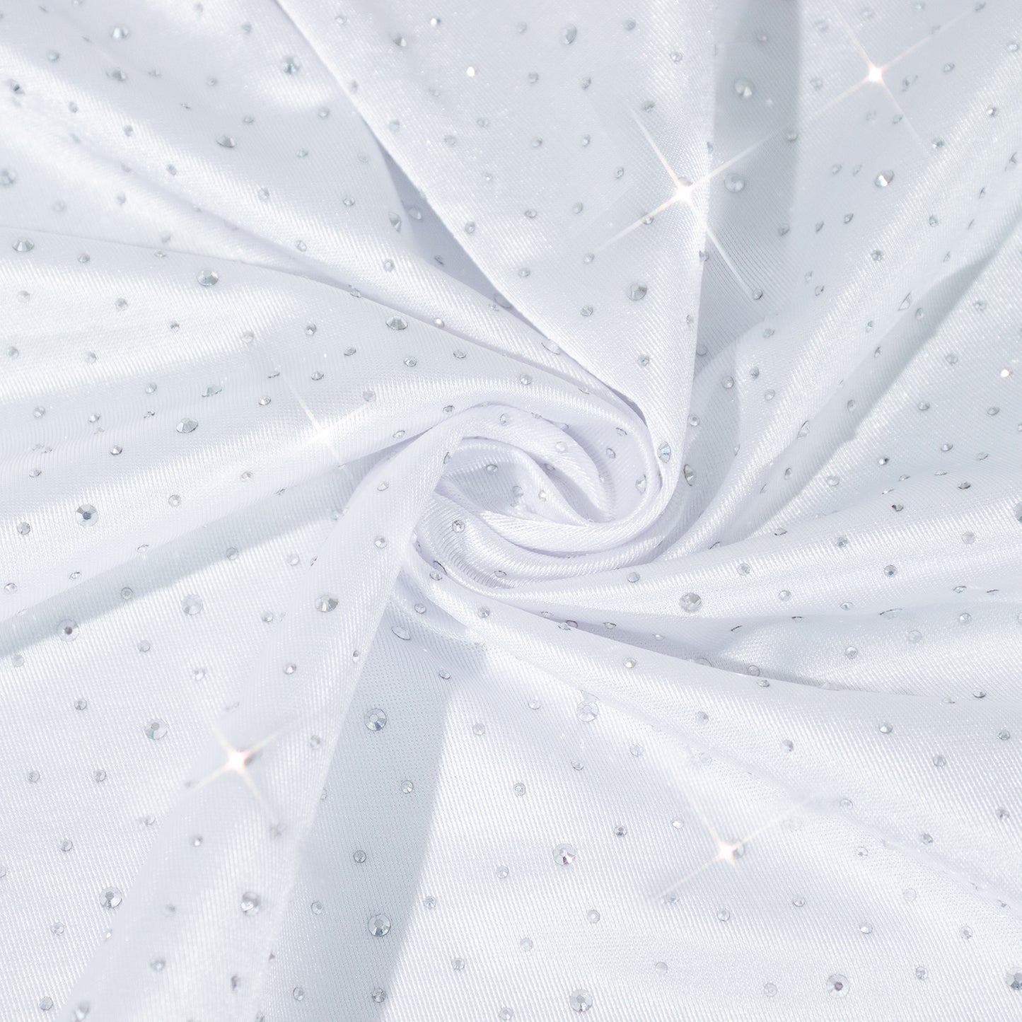 White round tablecloth with rhinestone accents, seamless and stain-resistant.