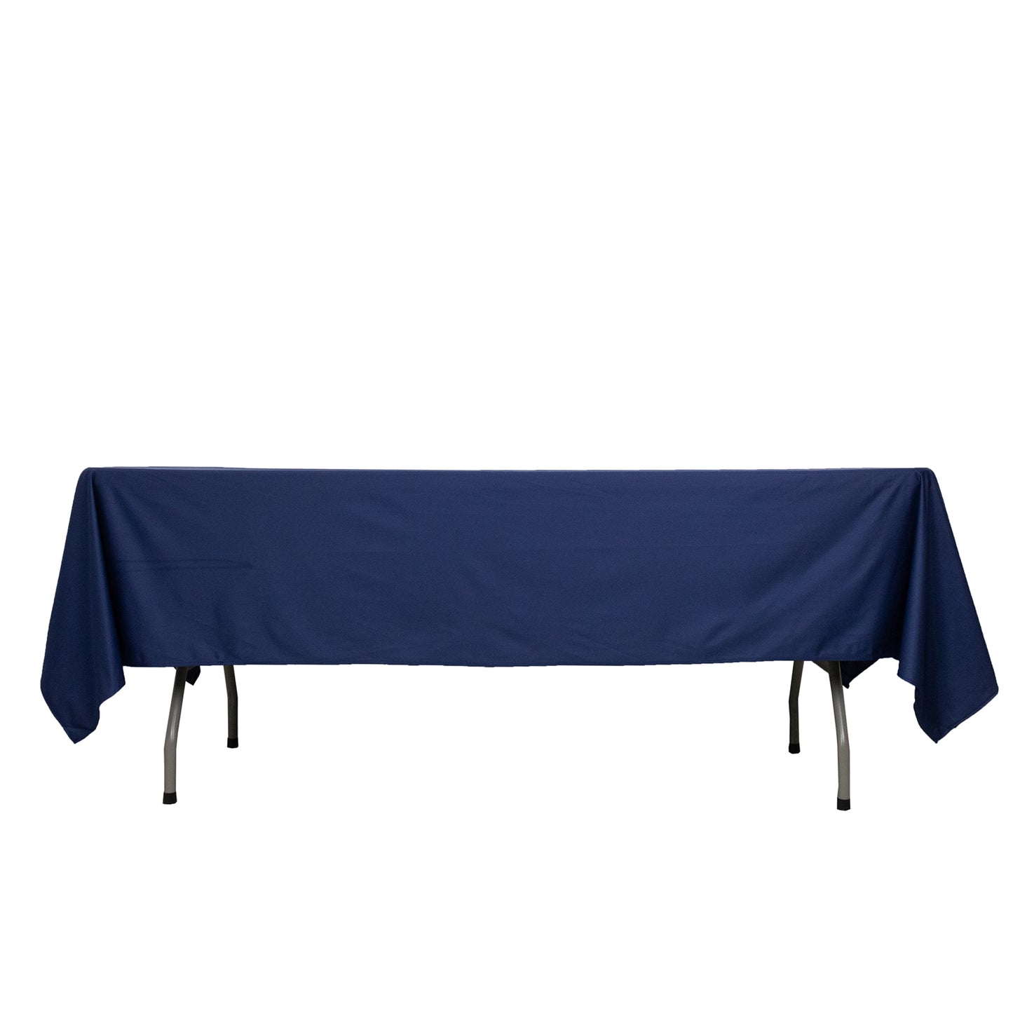 Navy blue scuba wrinkle-free rectangular tablecloth on a table.