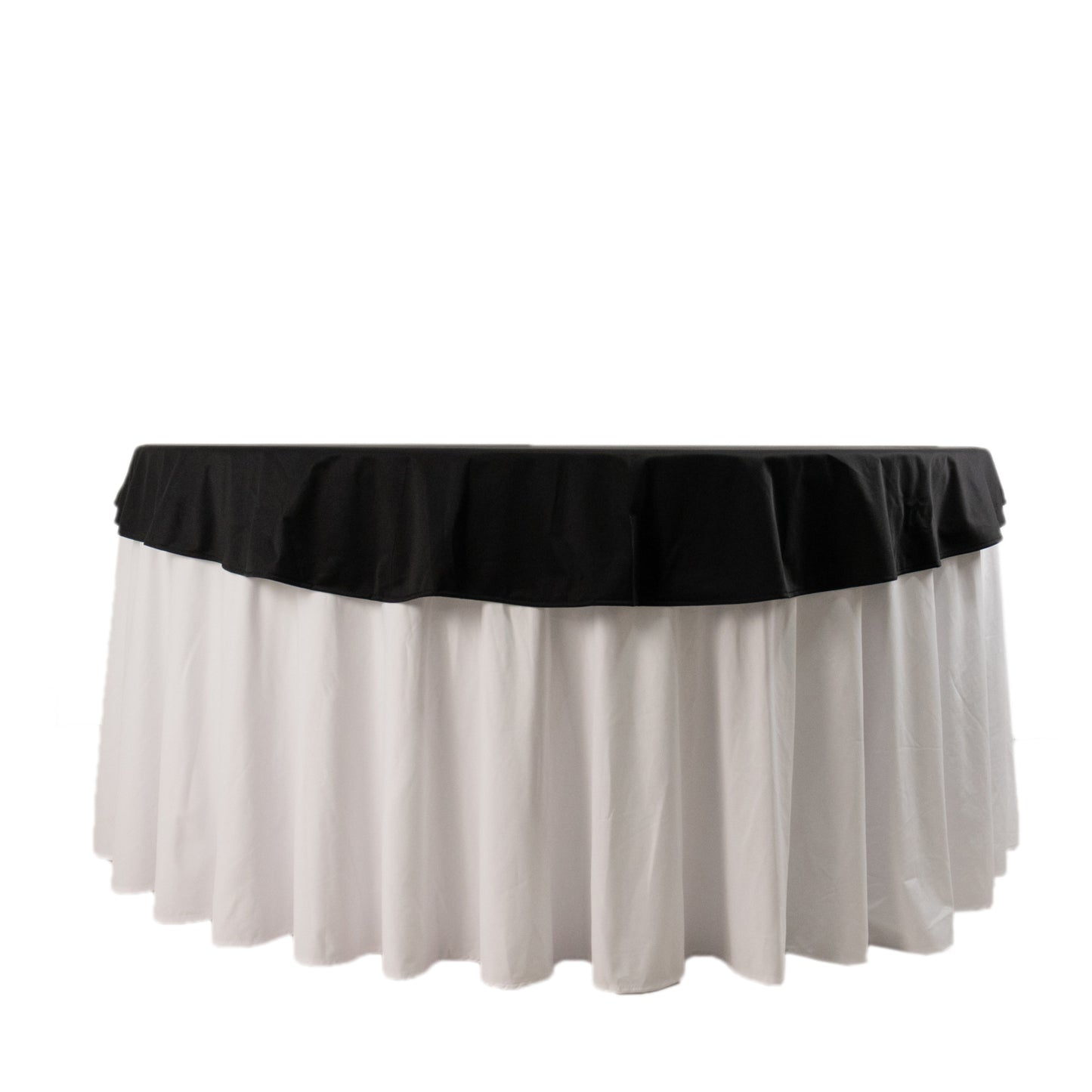 70" black scuba wrinkle-free round tablecloth on a table.