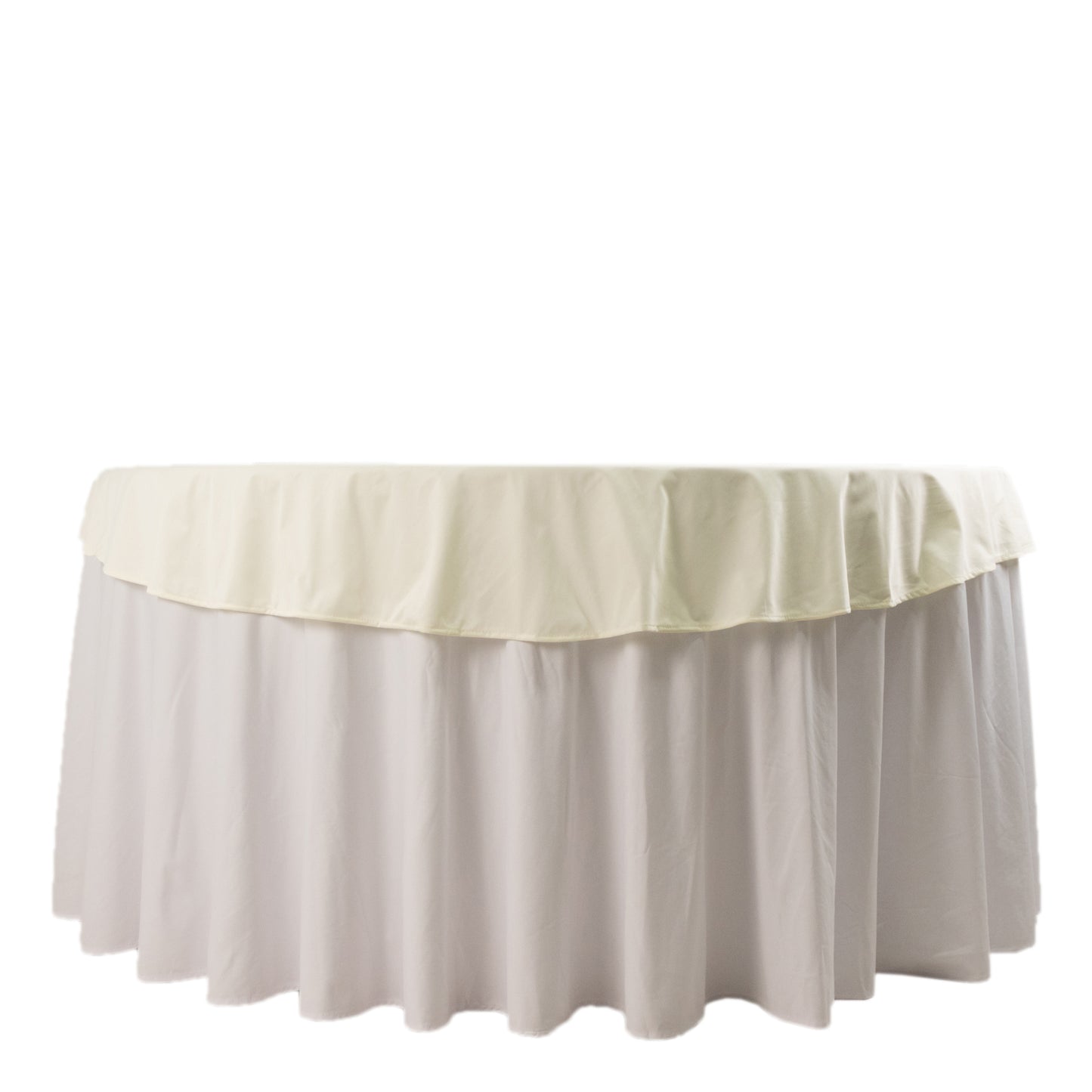 70" ivory round tablecloth, wrinkle-free scuba polyester material.