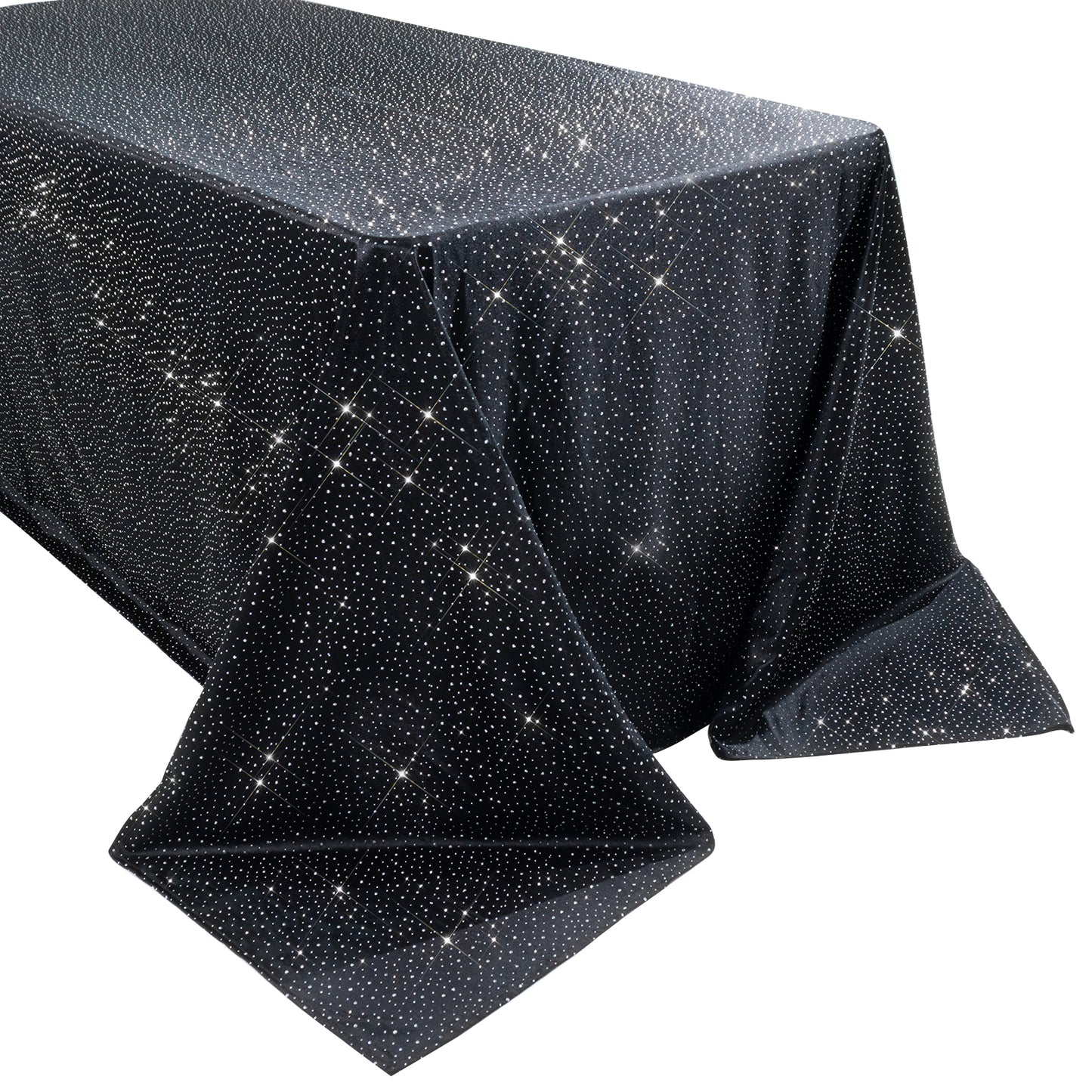 Black rectangular tablecloth with rhinestone accents, seamless and wrinkle-free.