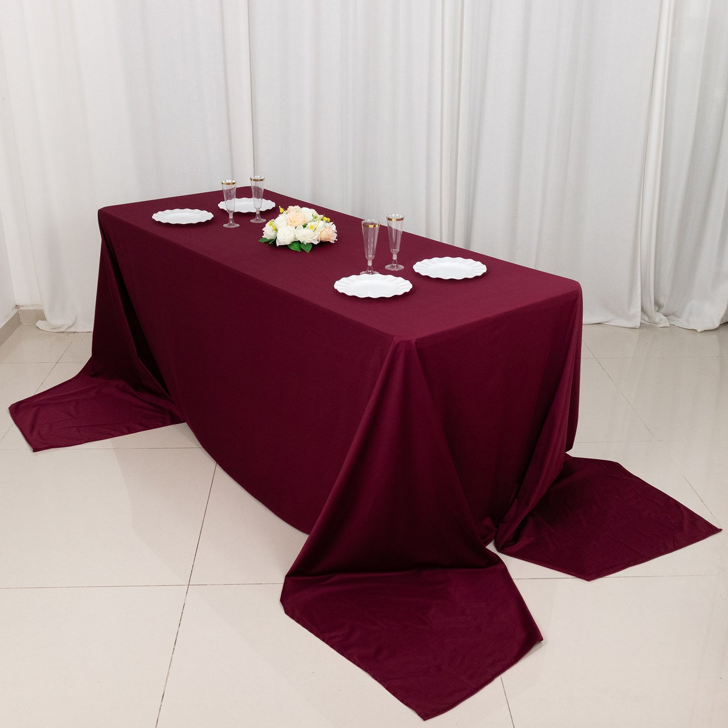 90"x156" Burgundy Scuba Wrinkle Free Rectangular Tablecloth, Seamless Scuba Polyester Tablecloth