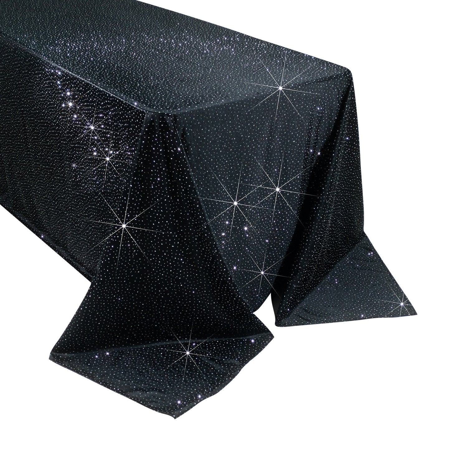 Black rectangular tablecloth with rhinestone accents, seamless and wrinkle-free.
