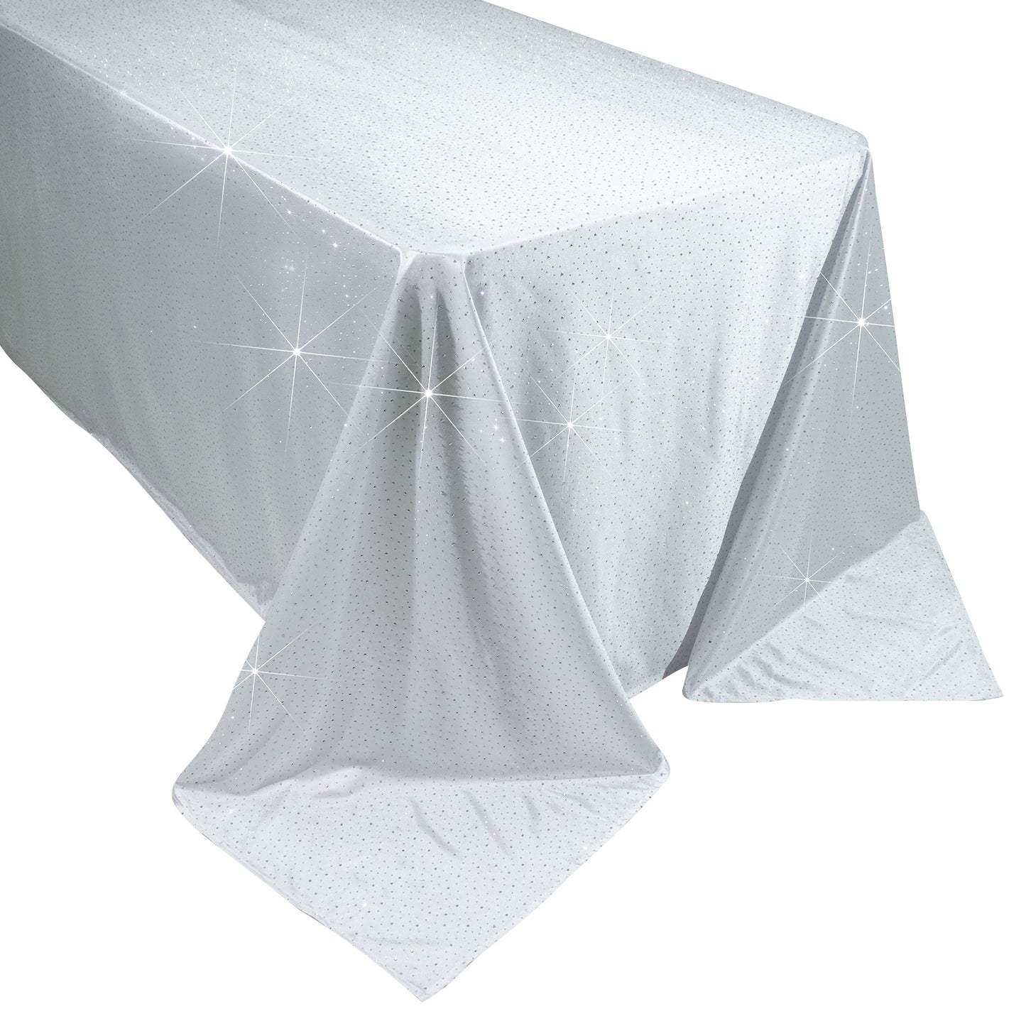 White tablecloth with rhinestone accents, seamless and wrinkle-free.