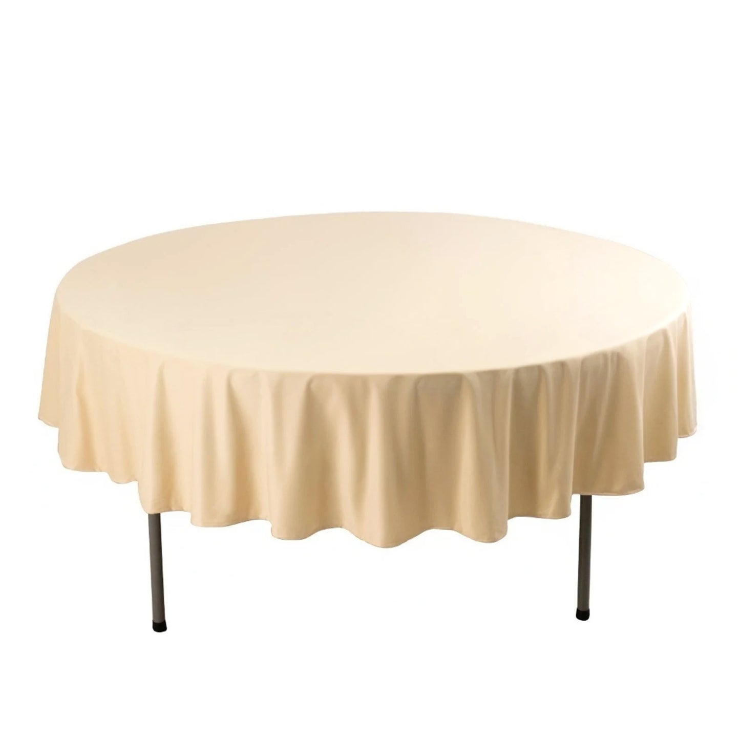 Beige round tablecloth, wrinkle-free, ideal for dining or events.