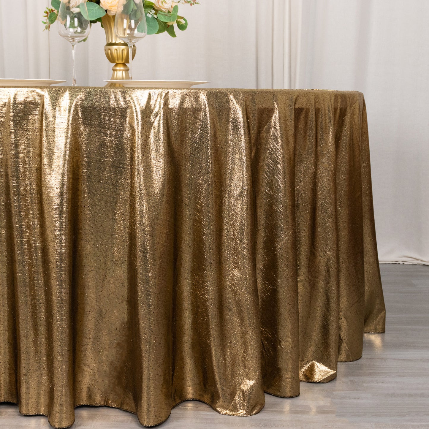 Antique gold shimmer sequin tablecloth, wrinkle-free sparkle tablecover.