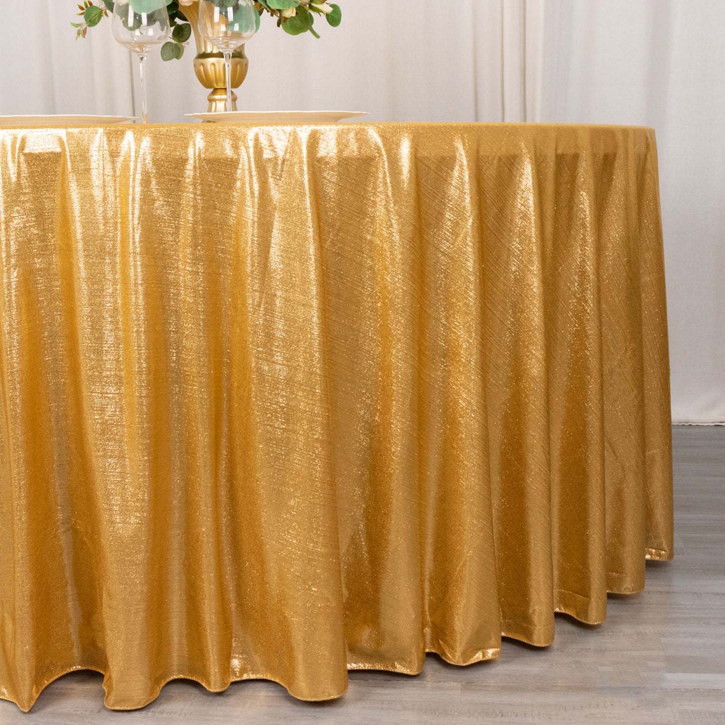 Gold shimmer sequin dots tablecloth, wrinkle-free sparkle glitter cover.