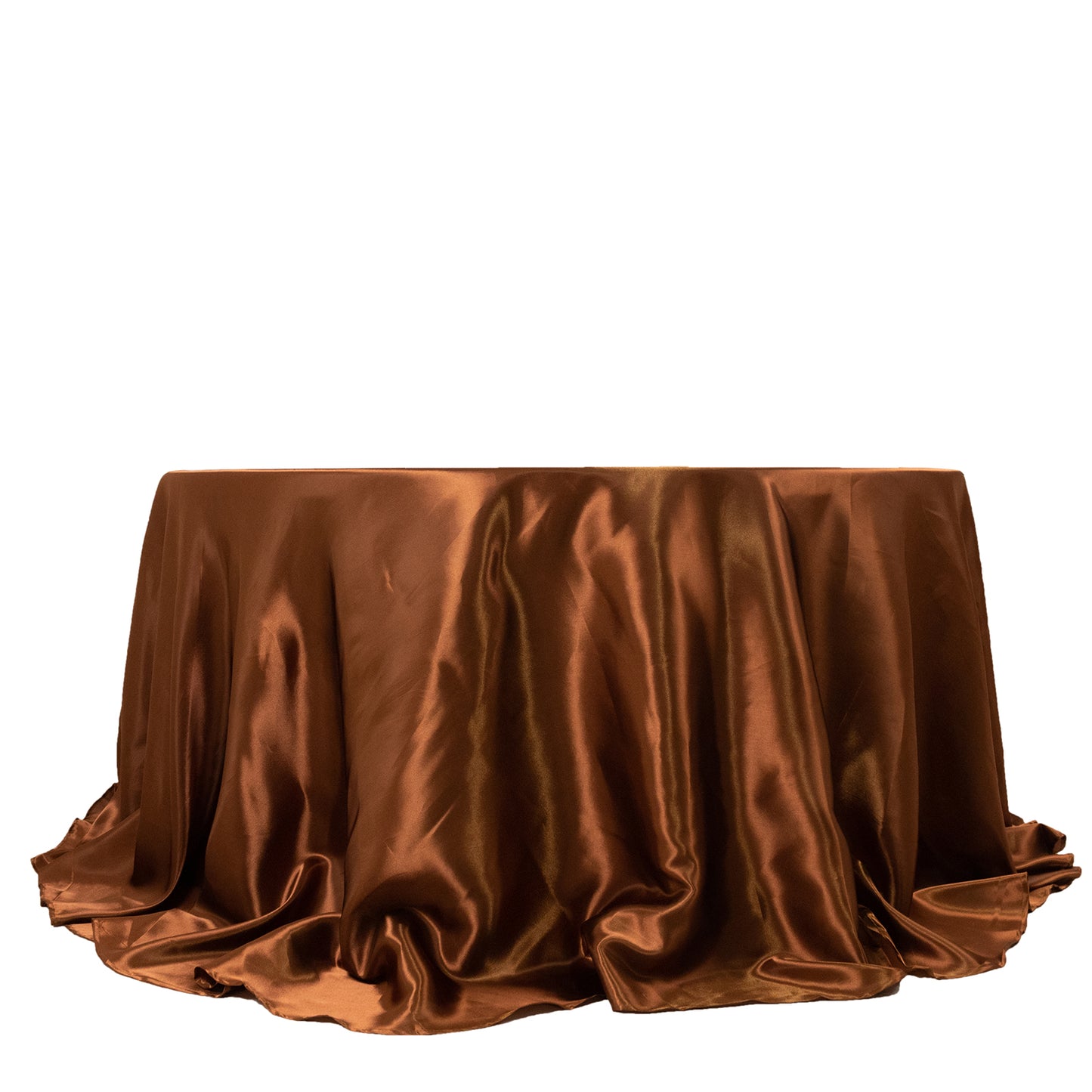 Cinnamon brown satin round tablecloth for 6-foot table with floor-length drop.