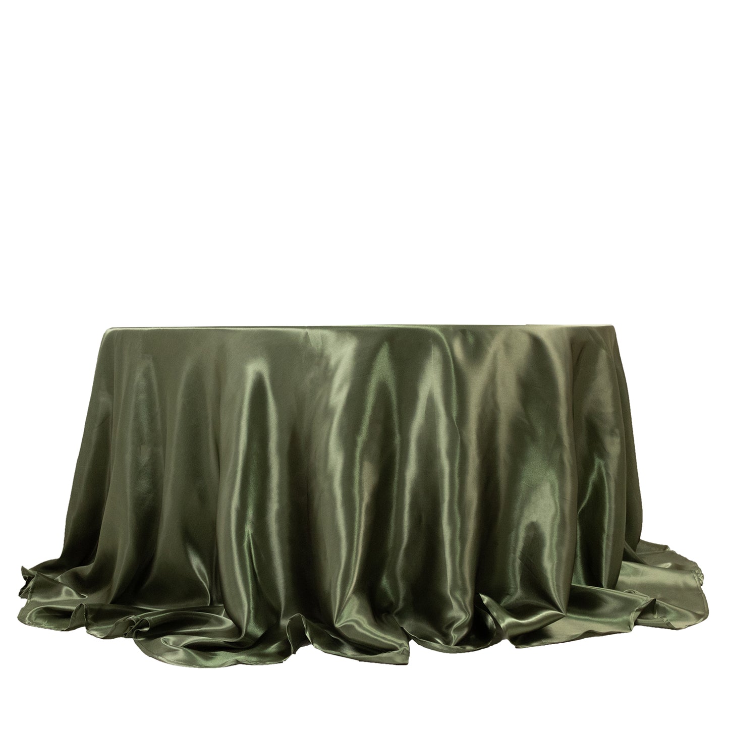 Dusty sage green satin round tablecloth for 6-foot table.