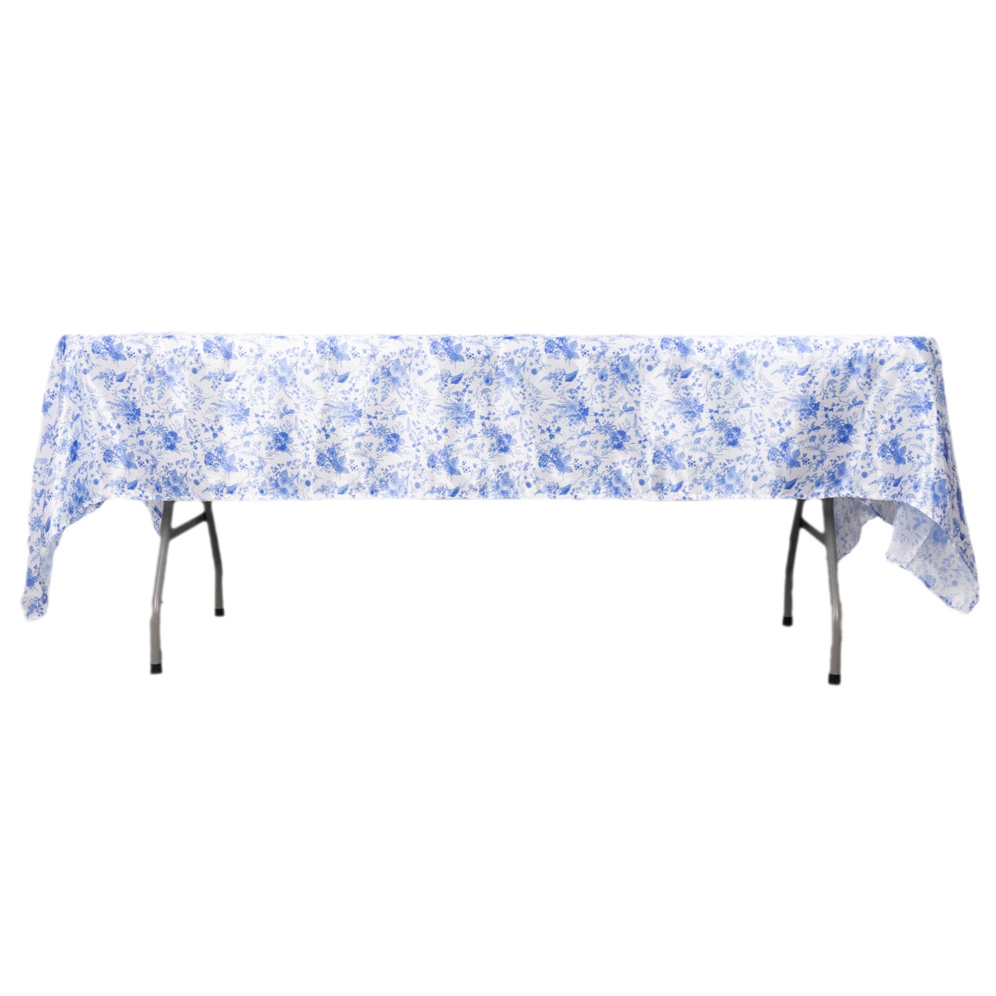 60"x102" White Blue Seamless Satin Rectangular Tablecloth in French Toile Floral Pattern, Wrinkle Resistant Tablecloth