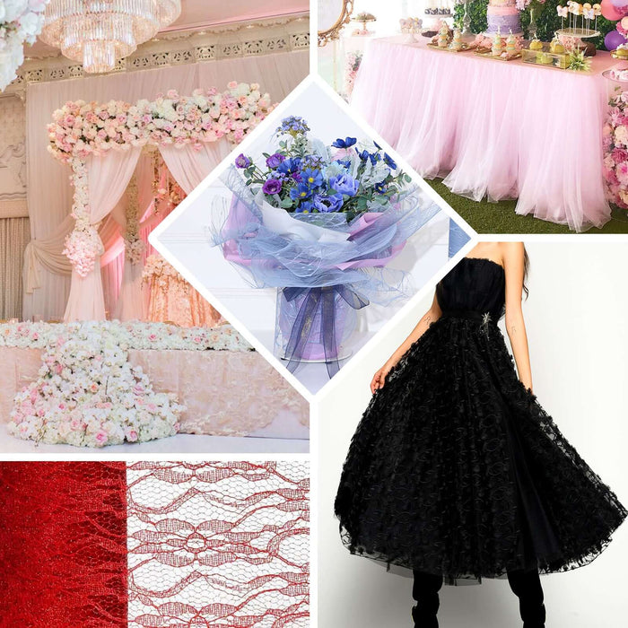 6"X10 Yards Fuchsia Floral Lace Shimmer Glitter Tulle Fabric Bolts