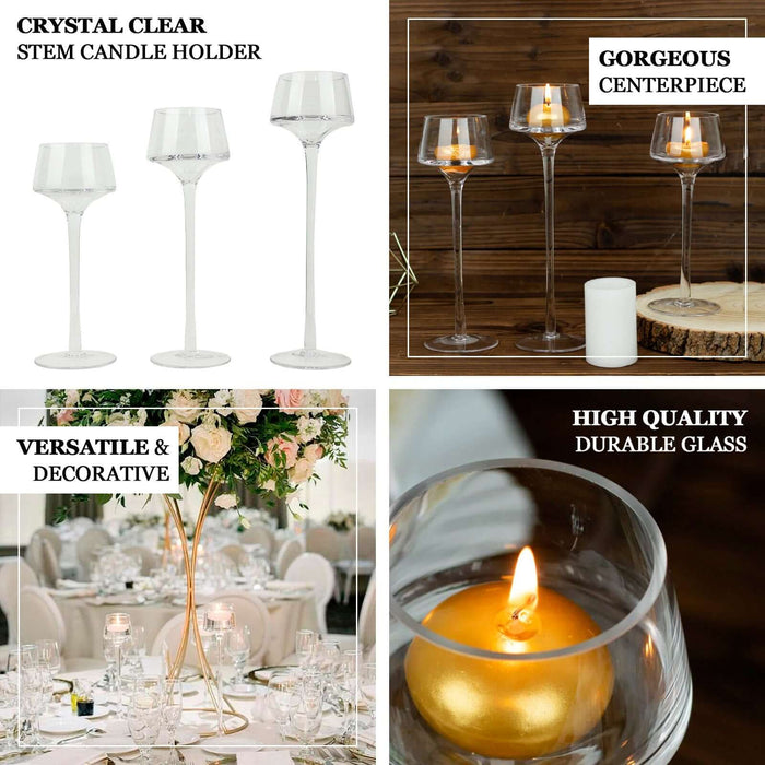 Crystal clear long-stem glass tealight candle holders set of 3.