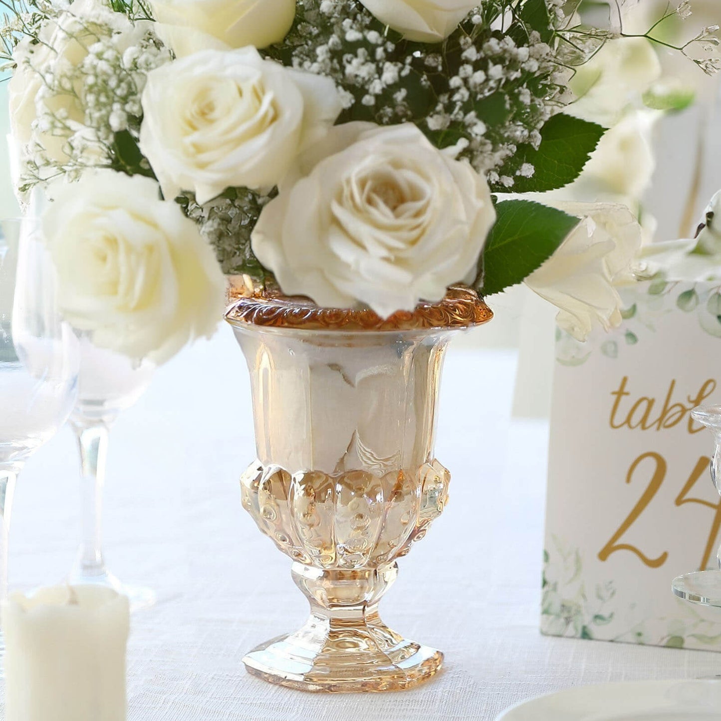 2 Pack Amber Gold Glass Pedestal Flower Vases in Classic Roman Urn Style, 8" Mini Floral Vase Table Centerpieces