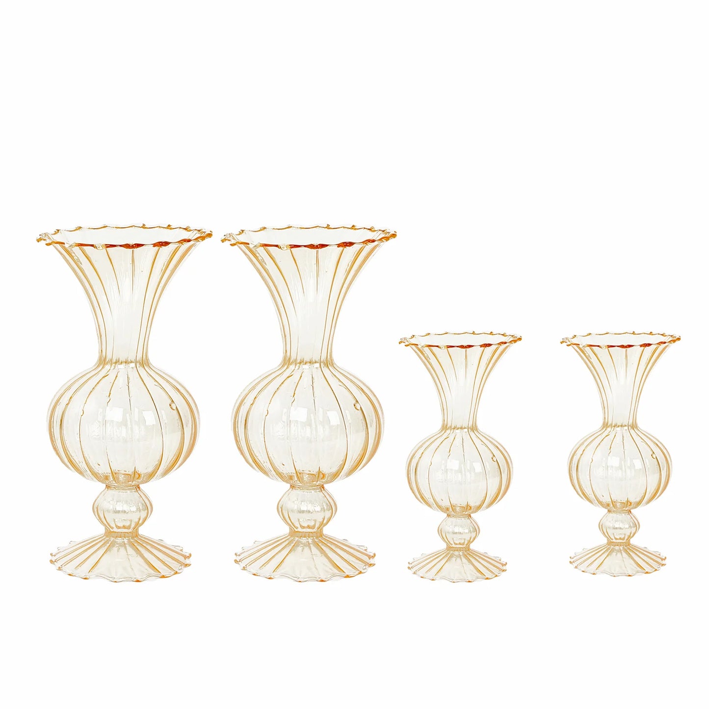 Set of 4 Amber Gold Vintage Nordic Glass Flower Vases with Petals Texture, Transparent Bud Vase Centerpiece Floral Arrangements - 7",9"