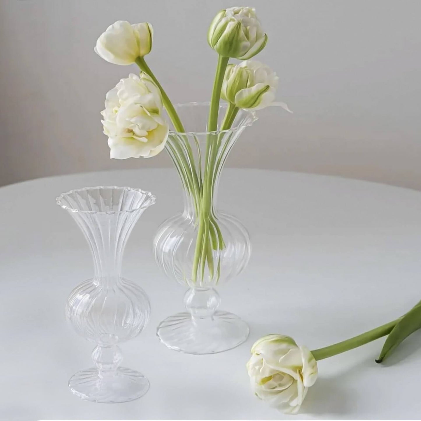 Set of 4 Clear Vintage Nordic Glass Flower Vases with Petals Texture, Transparent Bud Vase Centerpiece Floral Arrangements - 7",9"