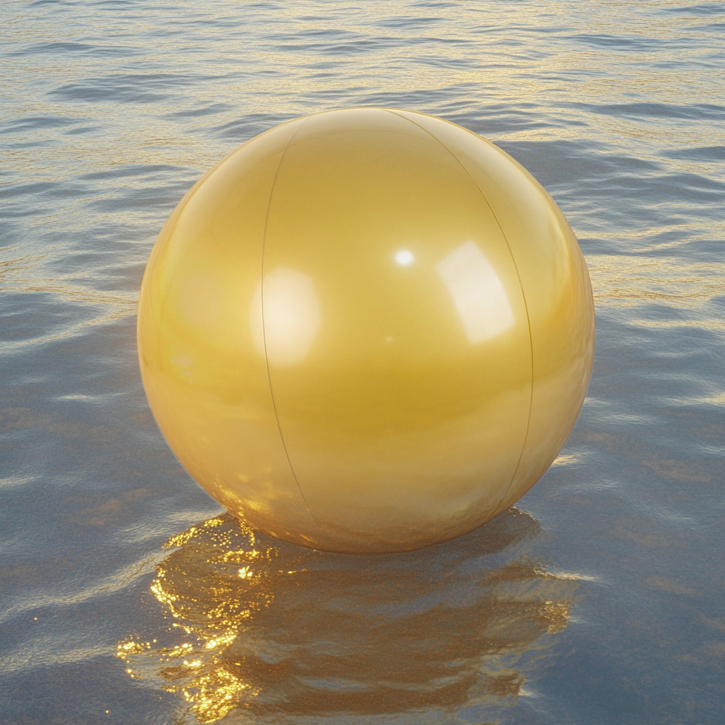 Gold inflatable decorative ball floating on water.