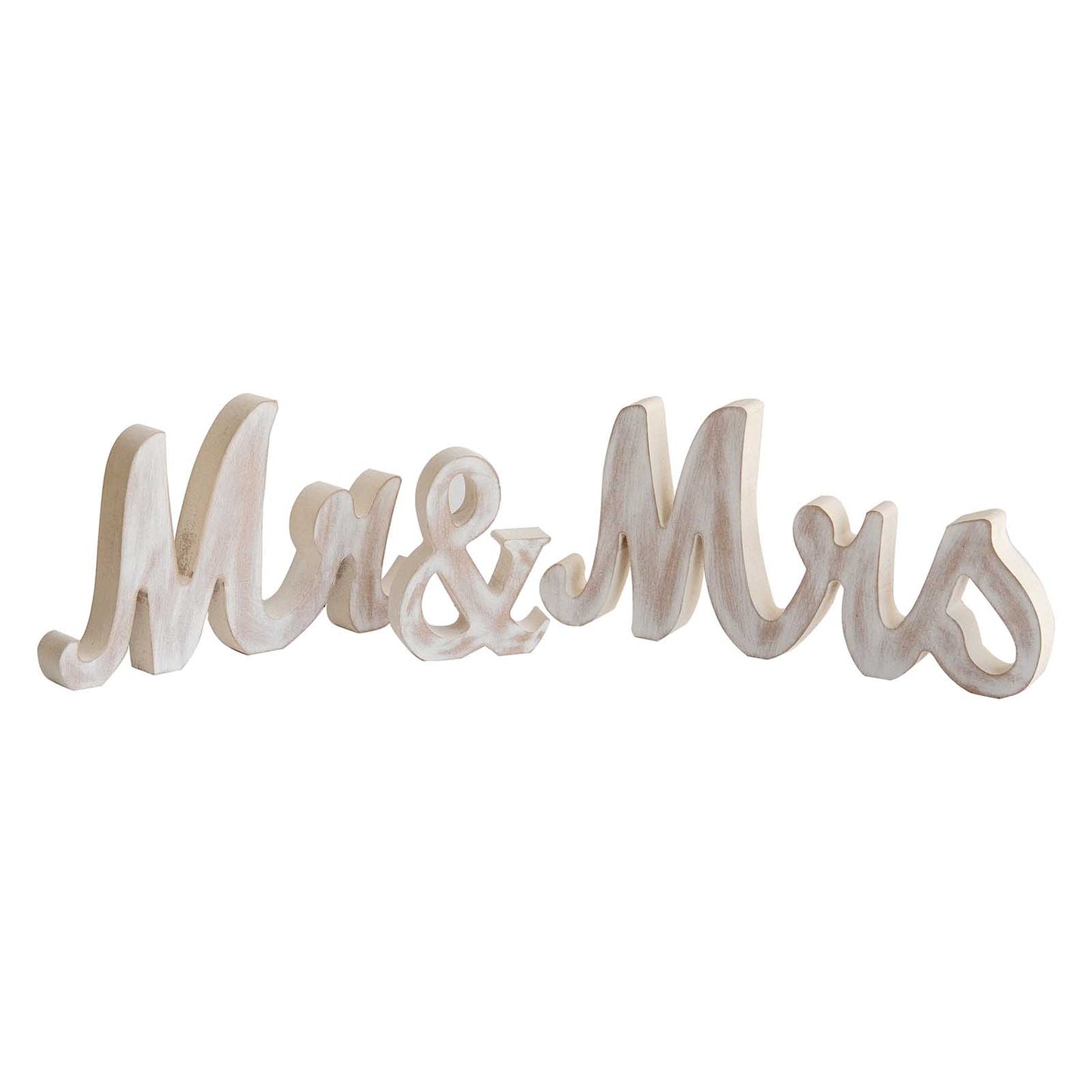 Whitewashed rustic "Mr & Mrs" wooden table display signs.