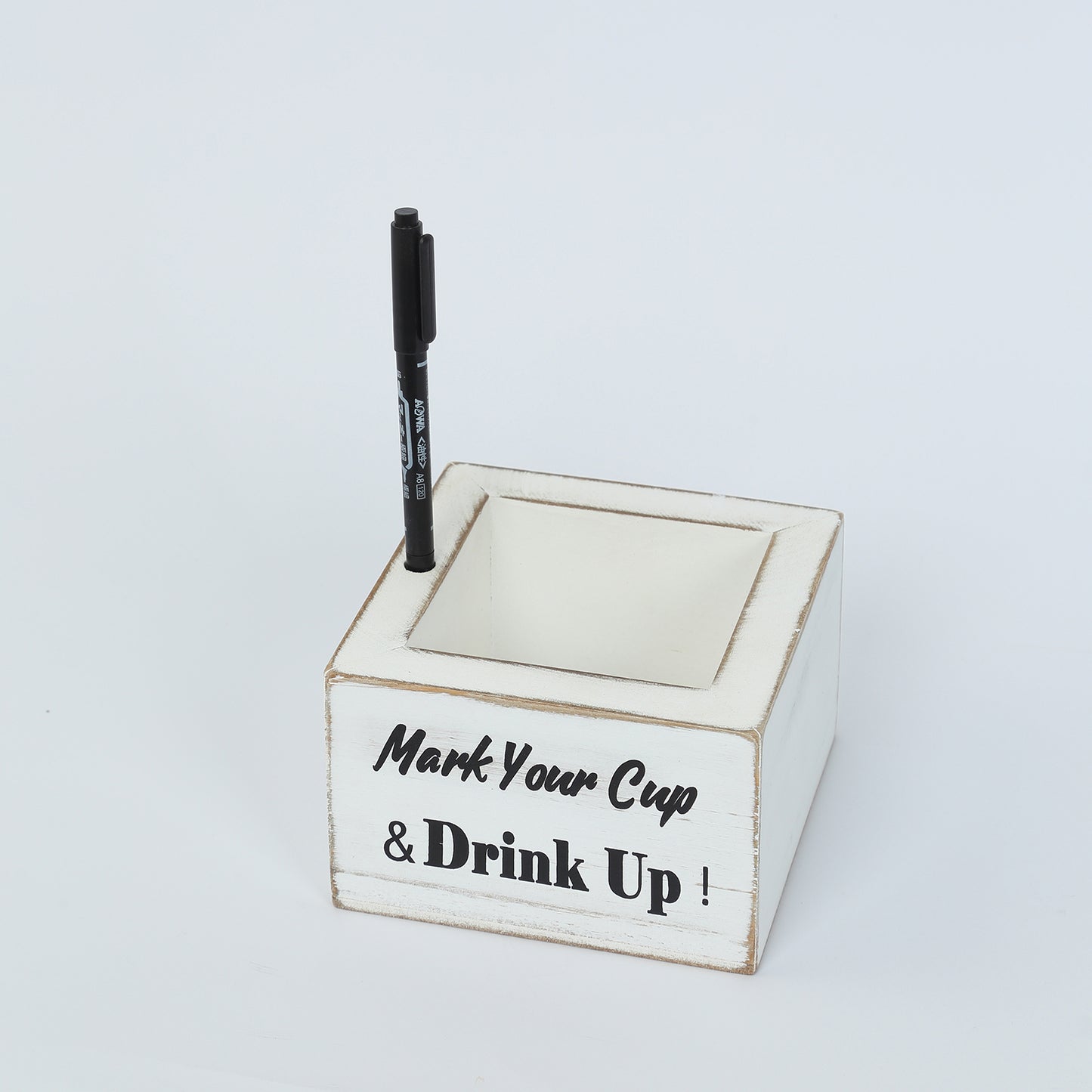 Whitewashed Wooden Solo Cup Holder with Black Marker Pen, 5.5" Square Rustic Farmhouse Party Cup Dispenser Box with Mark Your Cup and Drink Up Print