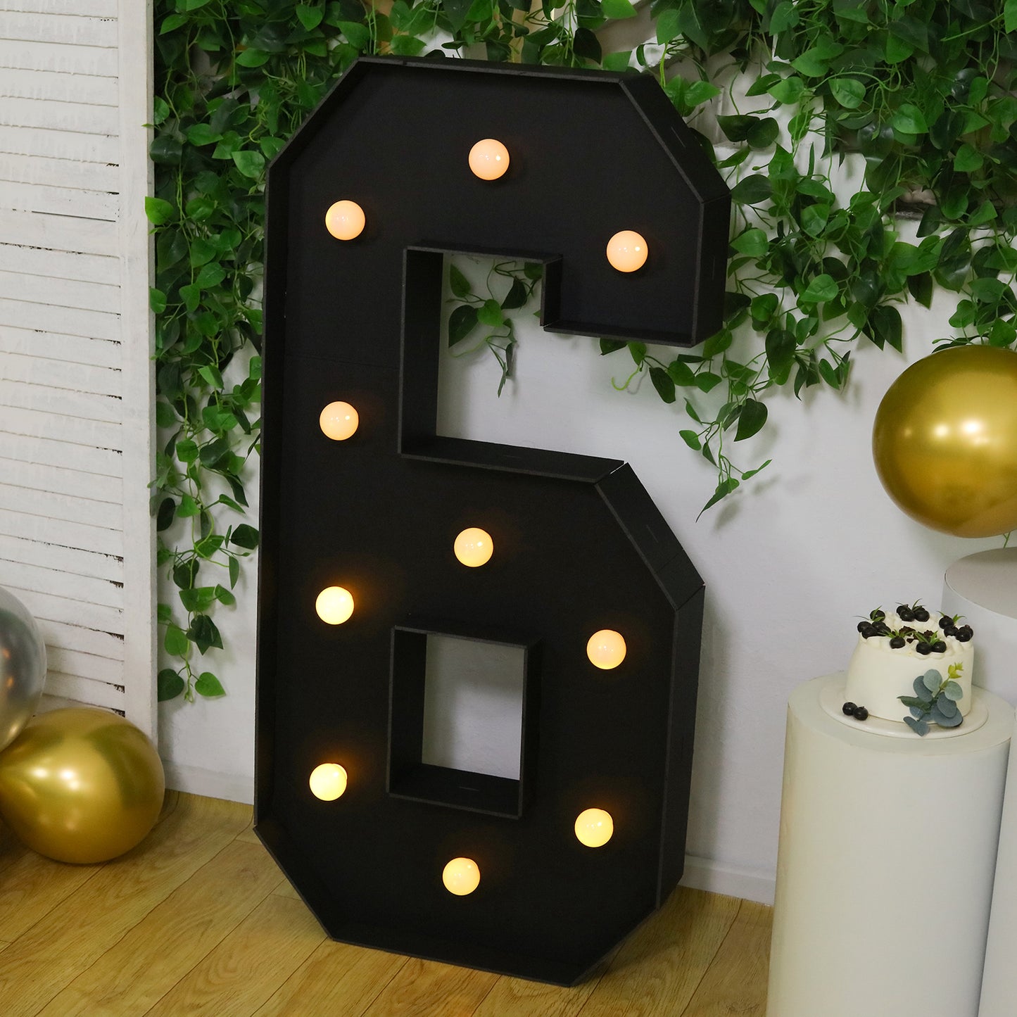 Giant LED Marquee Light Up Number "6", Black 4ft Pre-Cut Foam Board with 10 Warm White Battery Operated LEDs, Glue Gun and Sticks