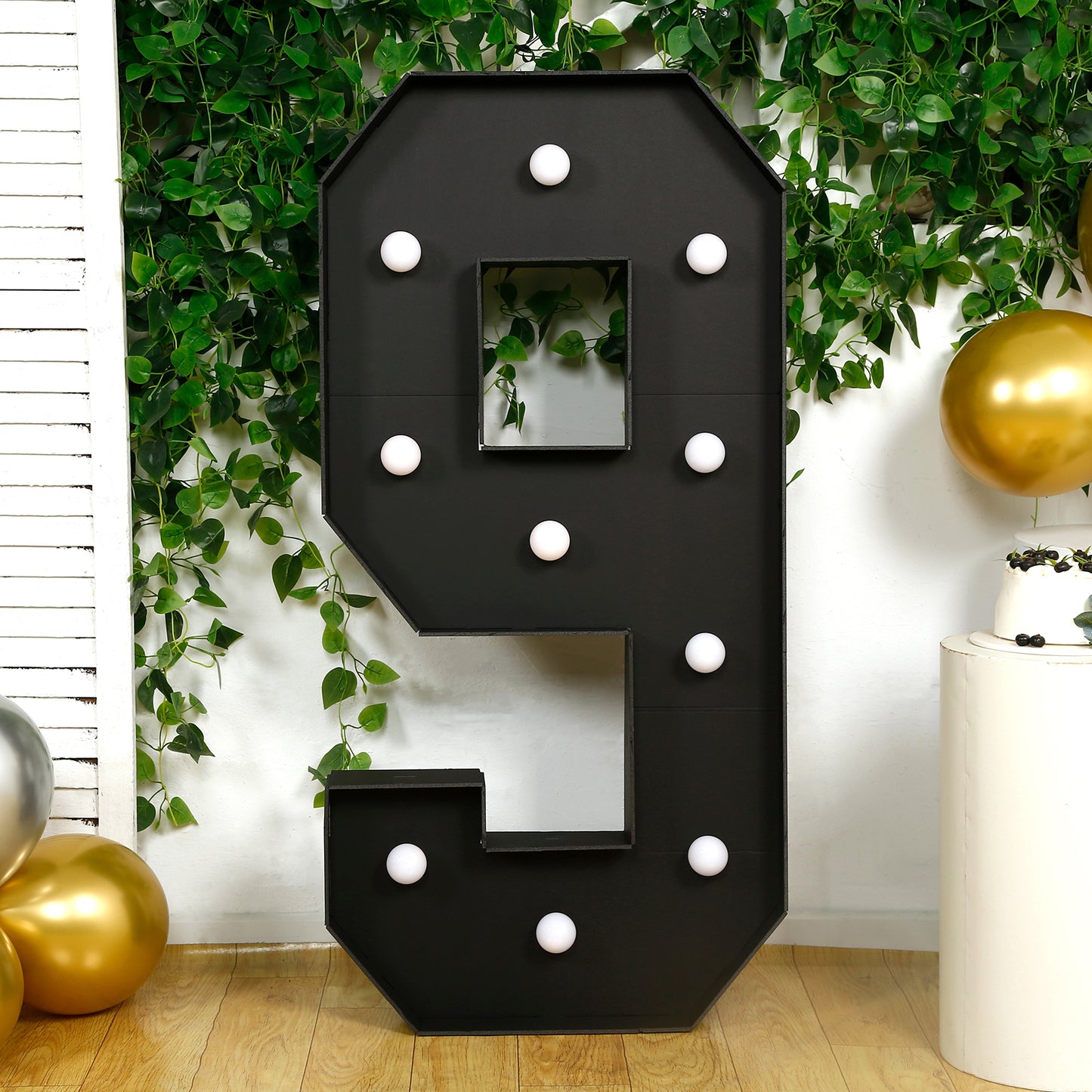 Giant LED Marquee Light Up Number "9", Black 4ft Pre-Cut Foam Board with 10 Warm White Battery Operated LEDs, Glue Gun and Sticks