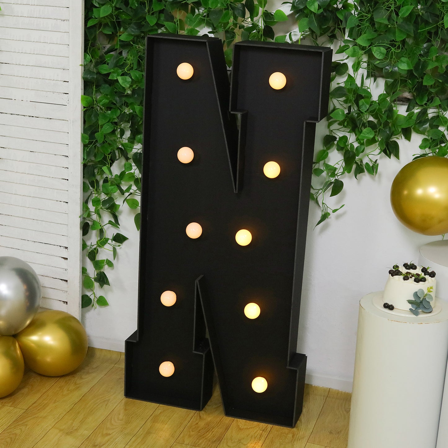 Giant LED Marquee Light Up Letter "N", Black 4ft Pre-Cut Foam Board with 10 Warm White Battery Operated LEDs, Glue Gun and Sticks