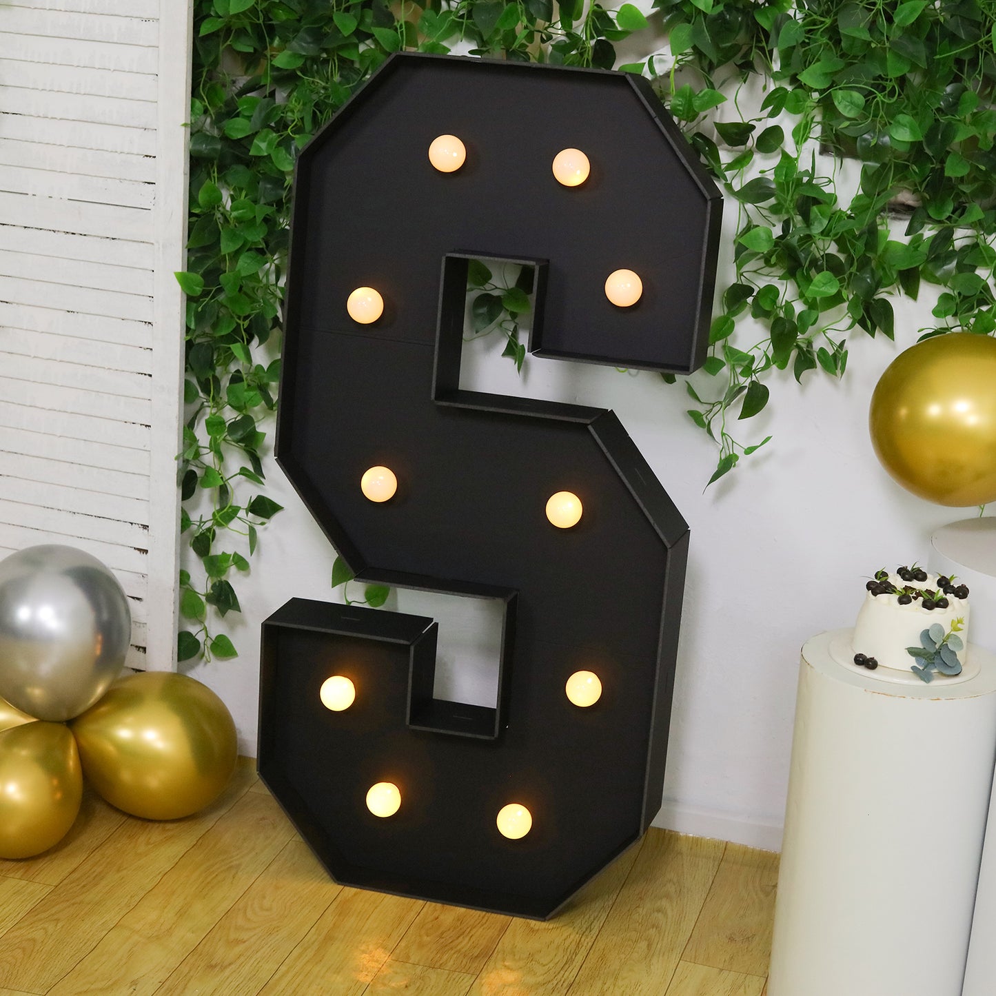 Giant LED Marquee Light Up Letter "S", Black 4ft Pre-Cut Foam Board with 10 Warm White Battery Operated LEDs, Glue Gun and Sticks