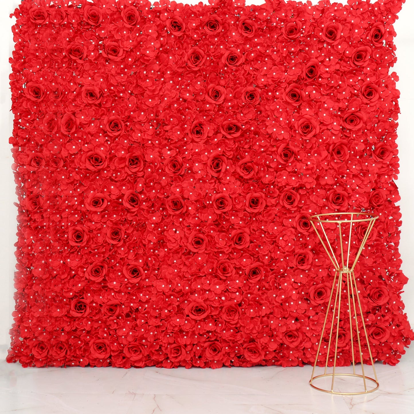 Red 3D silk rose and hydrangea flower wall mat backdrop.