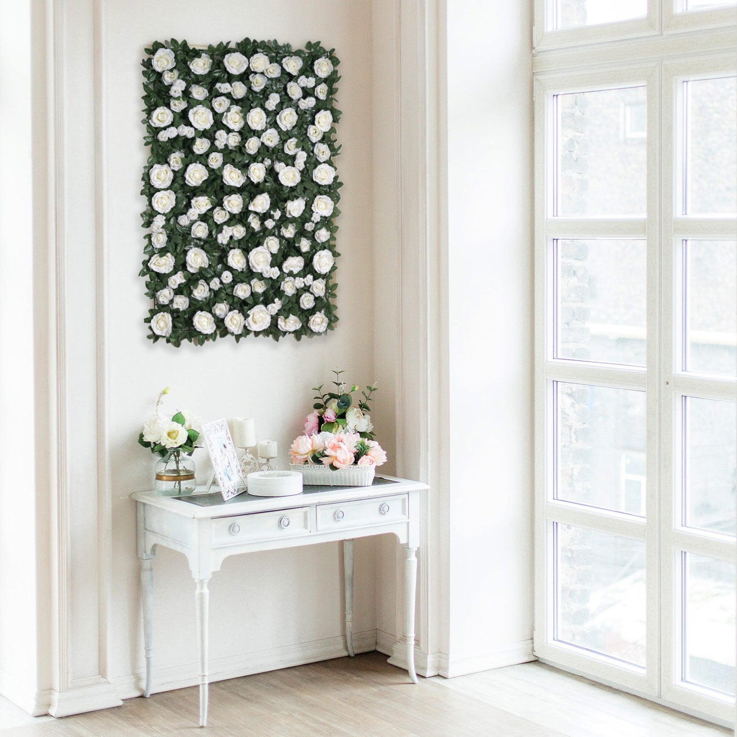 White Silk Rose Flower Mat 3 Square Feet Wall Panel Backdrop Easy Install
