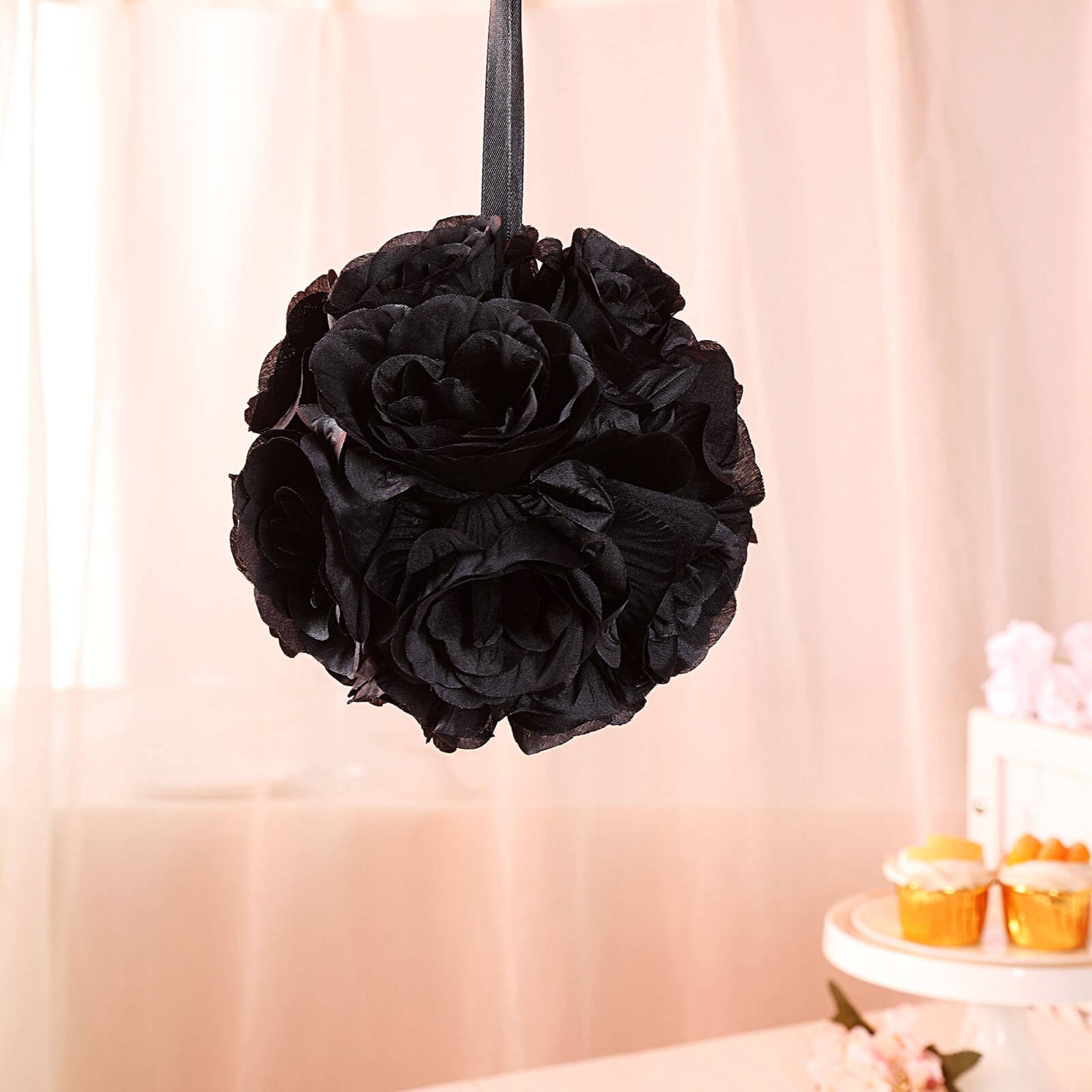 Black artificial silk rose kissing ball, faux flower decoration.