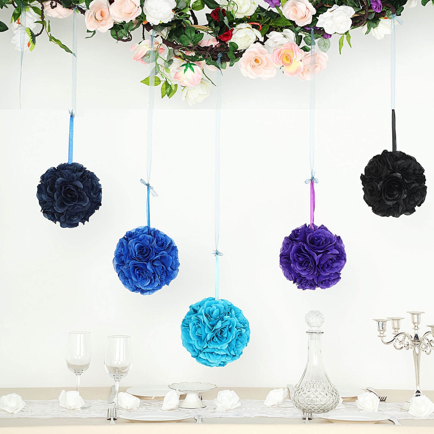 Navy blue artificial silk rose kissing ball, 7 inches in diameter, pack of 2.