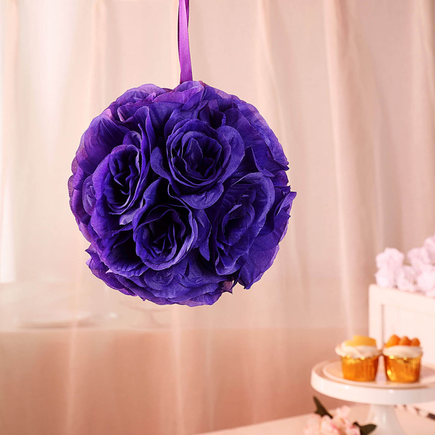 7 Inch Purple Artificial Silk Rose Flower Kissing Balls Pack Of 2