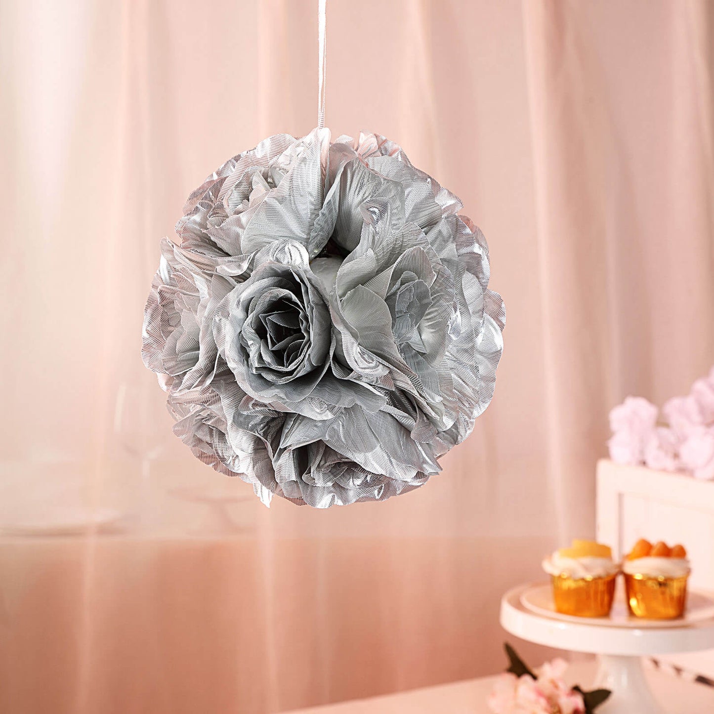Silver artificial silk rose kissing ball decoration.