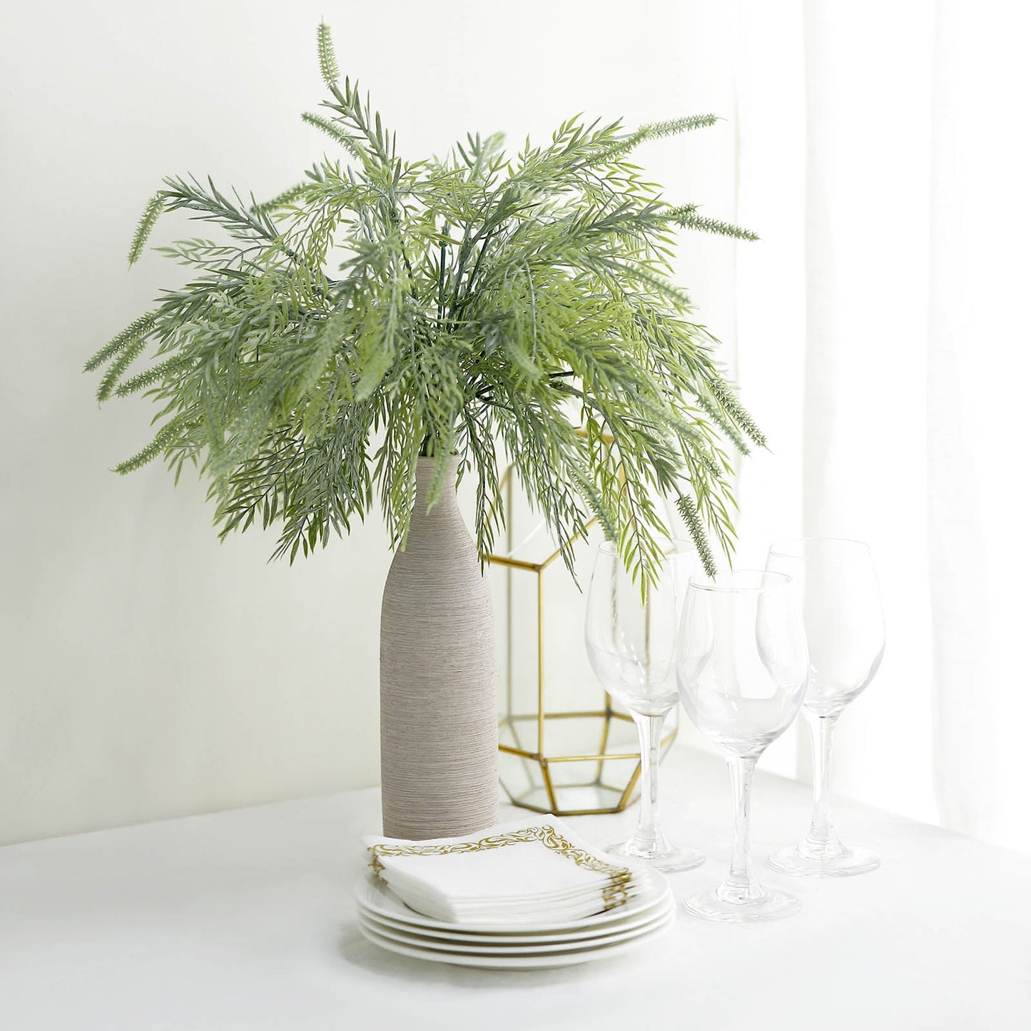 15" Artificial Sagebrush Fern Stems in green vase, faux indoor plant decor.