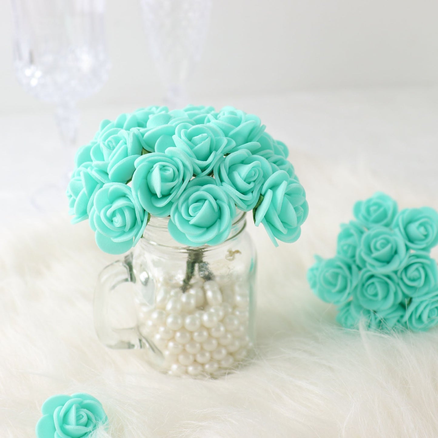 1 Inch Turquoise Real Touch Roses With Stems 48 Pack