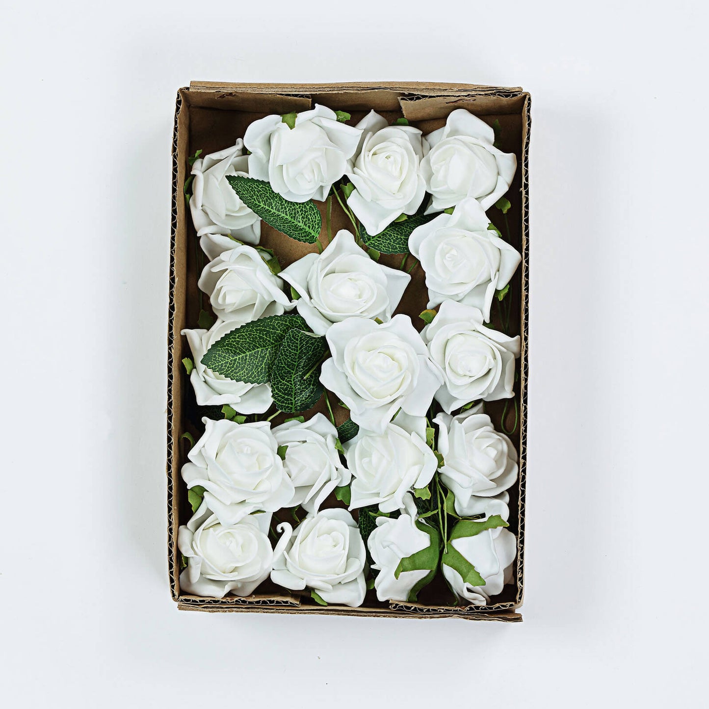 Artificial White Foam Flowers 2 Inch with Flexible Stems and Leaves 24 Roses